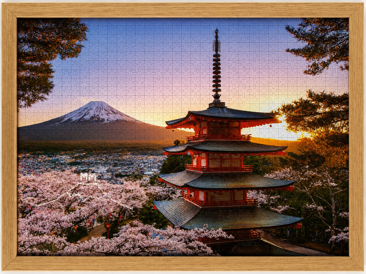 Puzzle encadré représentant des cerisiers en fleurs à Tokyo au coucher du soleil, peint à l'acrylique par MM