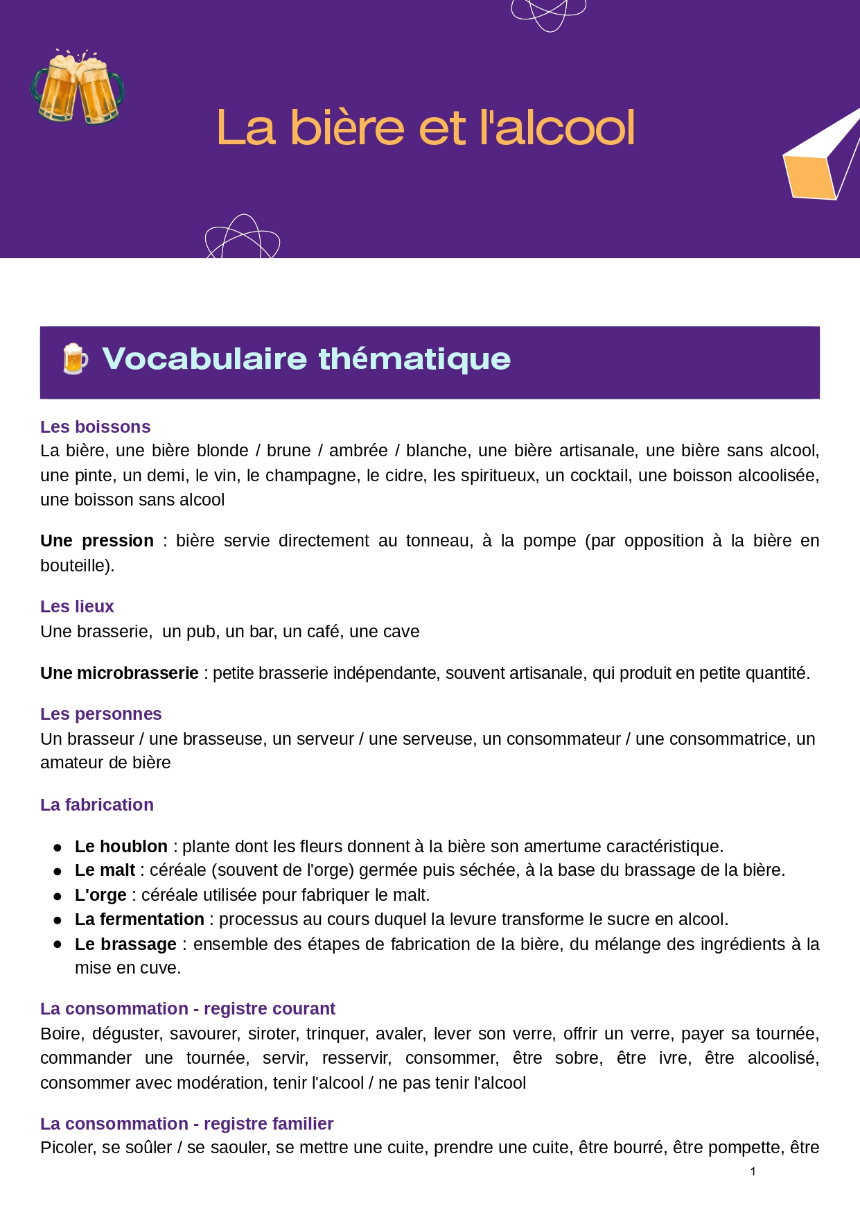 La bière et l'alcool : vocabulaire, débat et mise en situation - B2/C1