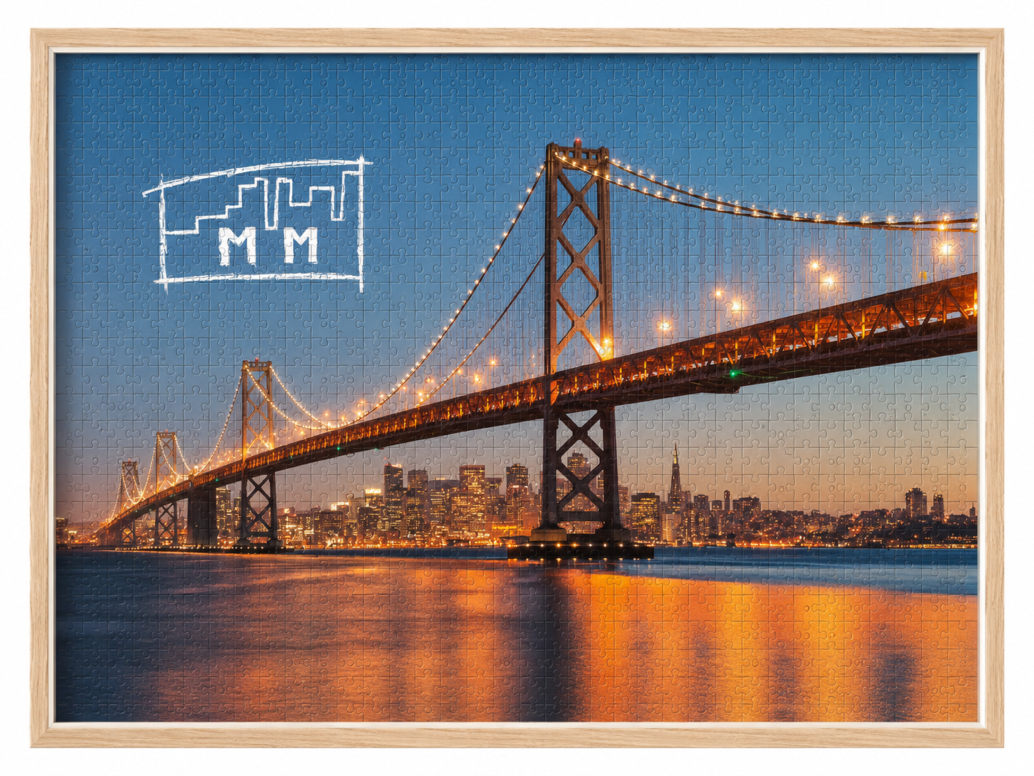 Puzzle encadré du pont de la baie de San Francisco illuminé au crépuscule, avec la signature peinte de MM